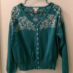 NEW, SUNDANCE, SIZE L, TEAL/CREAM, LONG SLEEVE, V NECK, EMBROIDERED CARDIGAN